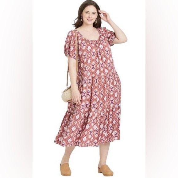 Knox rose women's size XL artsy batik rayon puff sleeve midi boho prairie dress - Picture 13 of 13